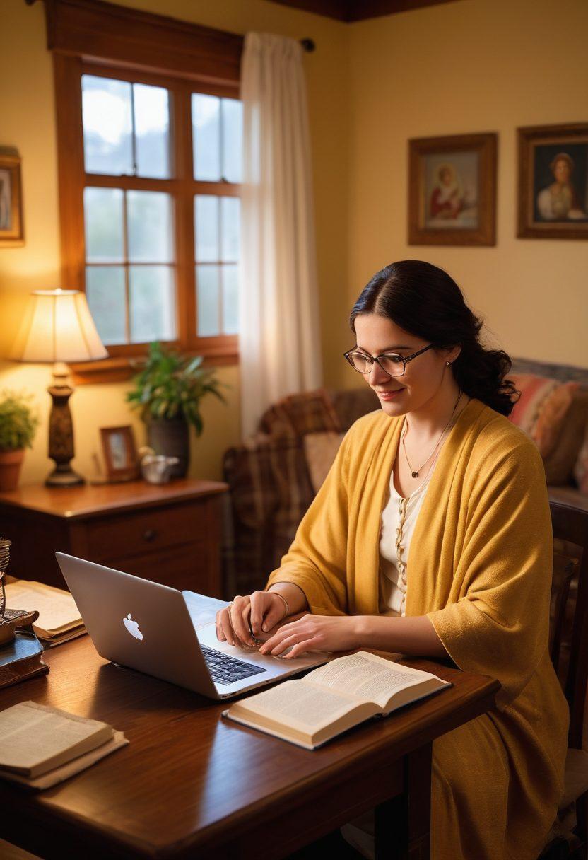 A warm and inviting scene of diverse Latter-day Saints gathered in a cozy home, sharing heartfelt moments over laptops and journals. Soft glowing lights create a sense of connection, while symbols of faith like scriptures and images of temples are subtly included. Diverse cultural attire adds vibrancy and richness to the image, emphasizing community and connection. The atmosphere is candid and joyful, capturing the essence of faith-based blogging. super-realistic. warm colors. cozy ambiance.