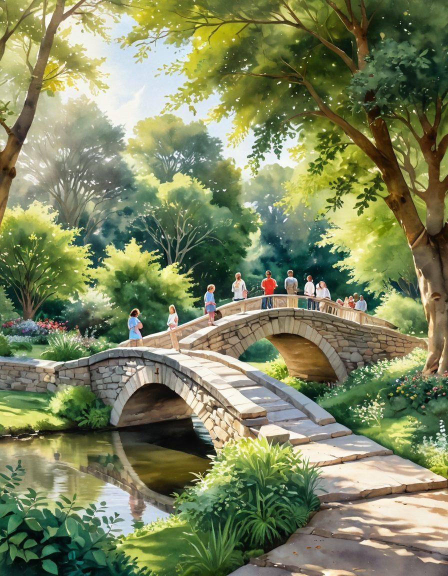 A serene landscape featuring a beautiful stone bridge symbolizing connection, surrounded by lush greenery and a diverse group of people from the LDS community sharing stories and laughter. Soft sunlight shines through the trees, creating a warm and inviting atmosphere. The setting portrays inclusivity and faith, with subtle hints of religious symbols in the background. watercolor painting. warm colors. serene atmosphere.