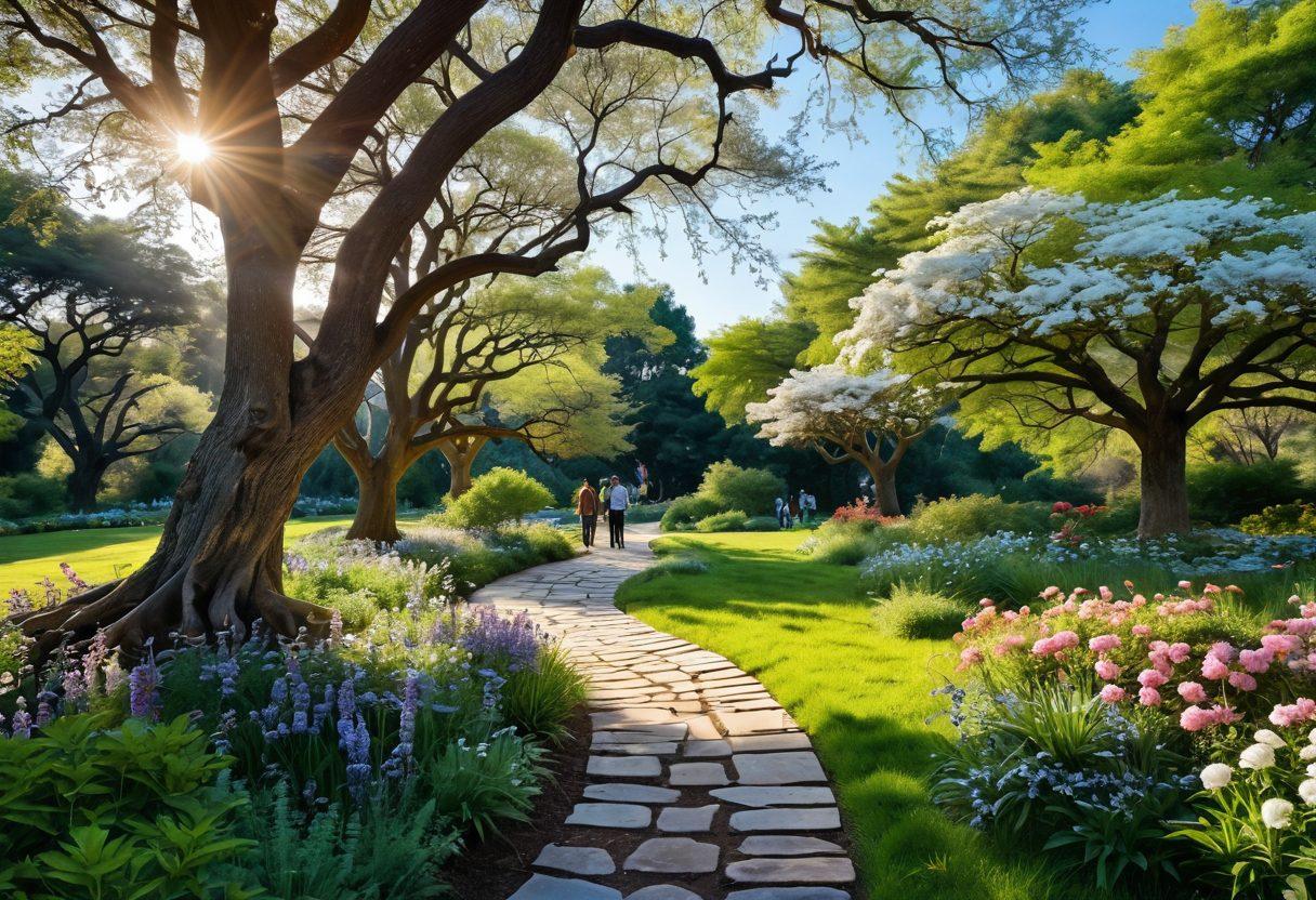 A serene landscape with a winding path leading through a lush garden filled with blossoming flowers and ancient trees, symbolizing a spiritual journey. In the foreground, a diverse group of people engaging in thoughtful discussion, with books and tablets in hand, reflecting the essence of sharing insights. Soft sunlight filtering through the trees, casting gentle shadows, creating a peaceful atmosphere. Ethereal cloud formations in the sky, hinting at enlightenment. super-realistic. vibrant colors. tranquil setting.